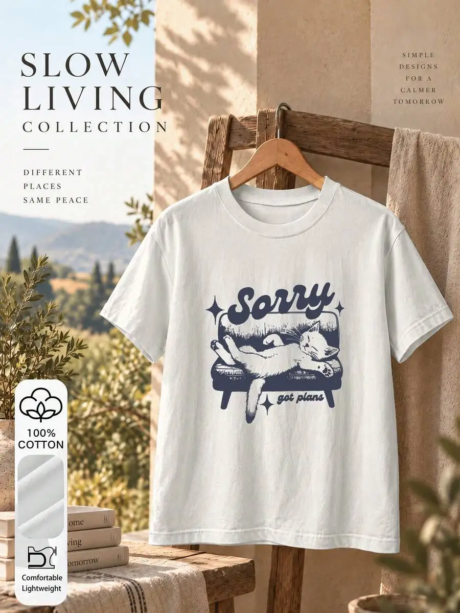Women's 100% Cotton Cat Print Short Sleeve T-Shirt, Casual Summer , Cotton Tee, Summer Top, Graphic Print, Women's Tee, Top, Summer Wear, Vacation, Travel, Beach, Minimalist Resort White