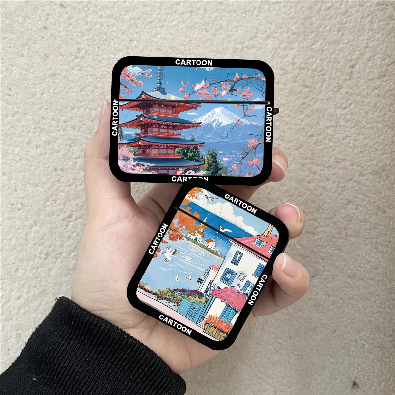 Japan Anime Mount Fuji Landscape Earphone Case For Airpods 4 2 3 Pro Cute Wireless Headphone Cover For Air Pods Pro2 Accessories