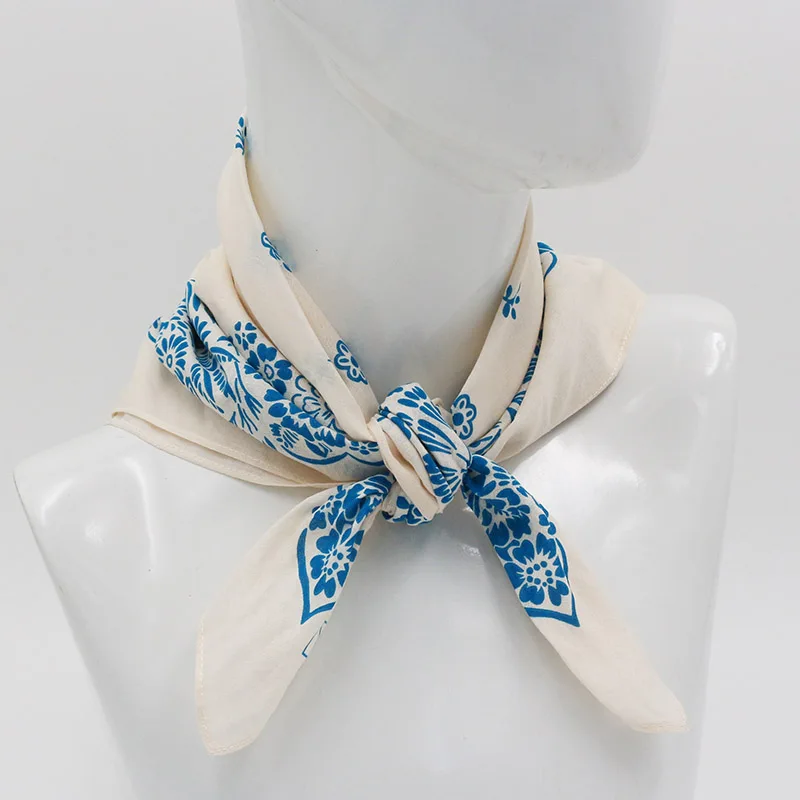 Ivory White Printed Blue Floral Bandanas Women Girl Headscarf Headband Neckerchief Headwear Square Scarf