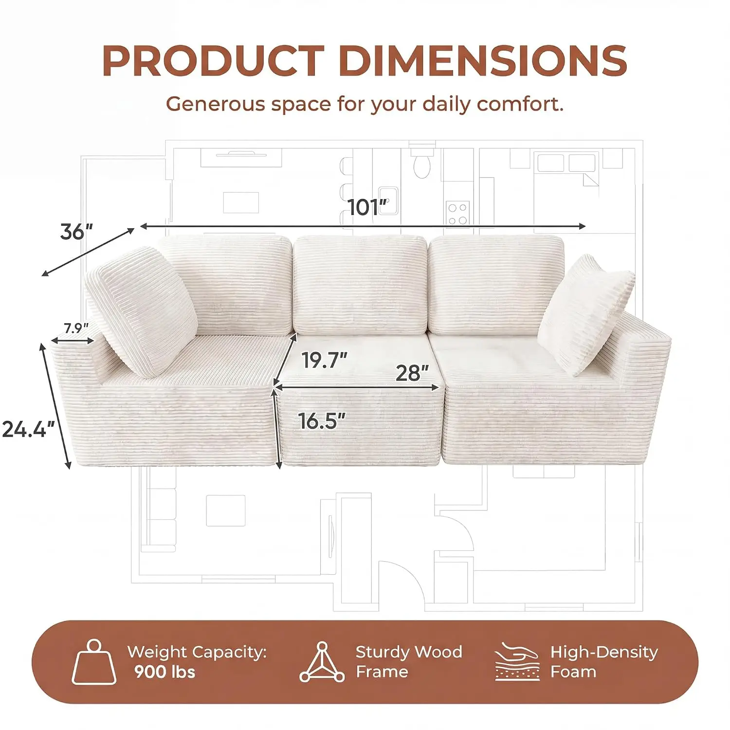 Modern Sectional Sofa with Deep Seat & Throw Pillows, No Assembly, 3-Seater, Customized
