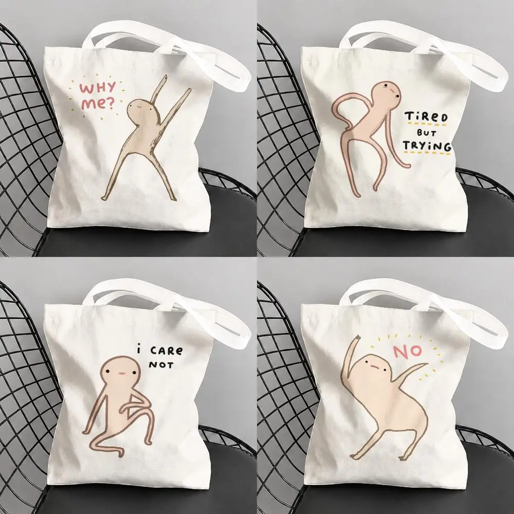 Weird Doodle Meme Storage Bags Canvas Tote Bag Large Capacity Reusable For Shopping Commute Grocery Shoulder Bag Gift