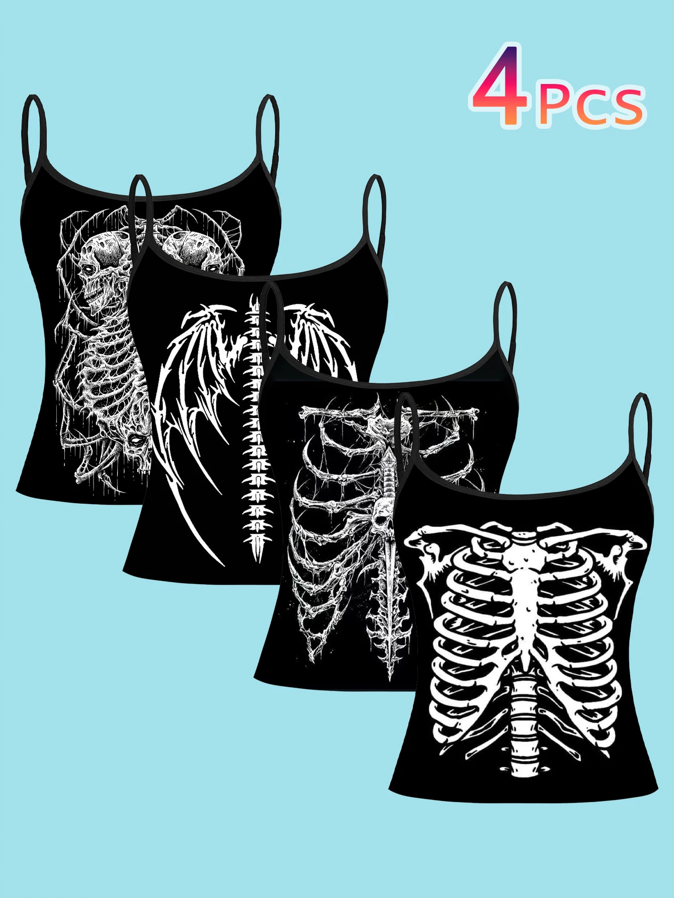 4-Piece Set of White Skeleton Print Camisoles, Dark Hand-Painted Human Skeleton Design, Slim-Fit Spaghetti Strap Sleeveless Tops for Women, Suitable for Outerwear or Layering