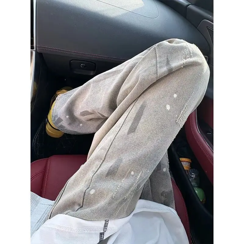 2025 New Splash ink tie dye cat paw print jeans men's style American retro vintage pants summer thin straight leg pants