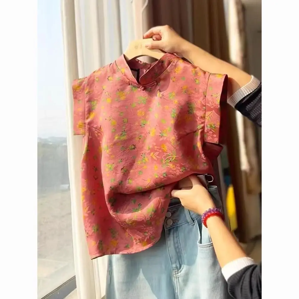 เสื้อเชิ้ตคอตั้งติดกระดุม ลายพิมพ์สวยงามไม่ซ้ำใคร สไตล์เกาหลี ทรงหลวม ผ้าโพลีเอสเตอร์ผสม แฟชั่นฤดูร้อน