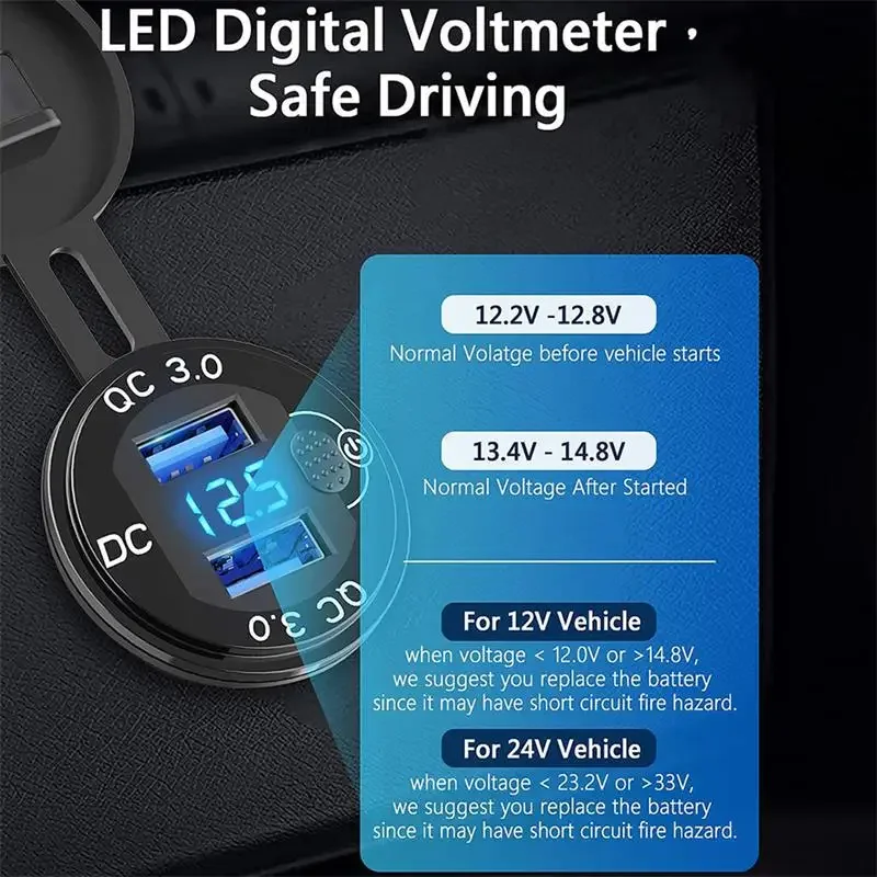 12/24V Aluminium Metal 36W QC3.0 Dual USB Car Motor Charger Socket Waterproof  With Voltmeter Switch Fast Quick Charge Adapter