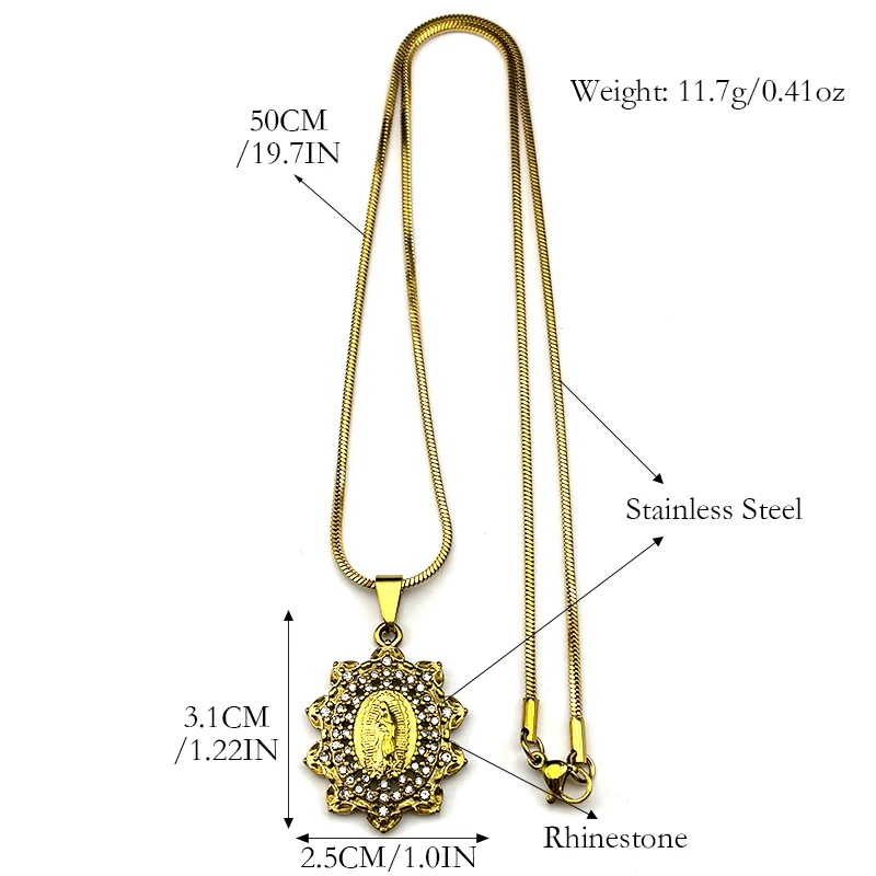 مريم العذراء زهرة كريستال قلادة للنساء الرجال الفولاذ المقاوم للصدأ الذهب اللون سلاسل سيدة غوادالوبي القلائد مجوهرات #6