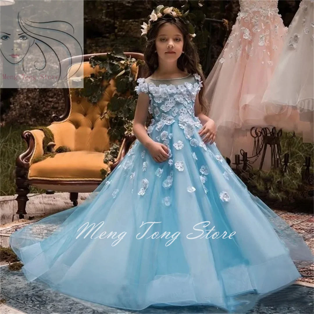 Flower Girl Dresses Blue Sheer Neck For Wedding First Communion White Flora Appliques Girls Birthda Gowns Hollow Back Children