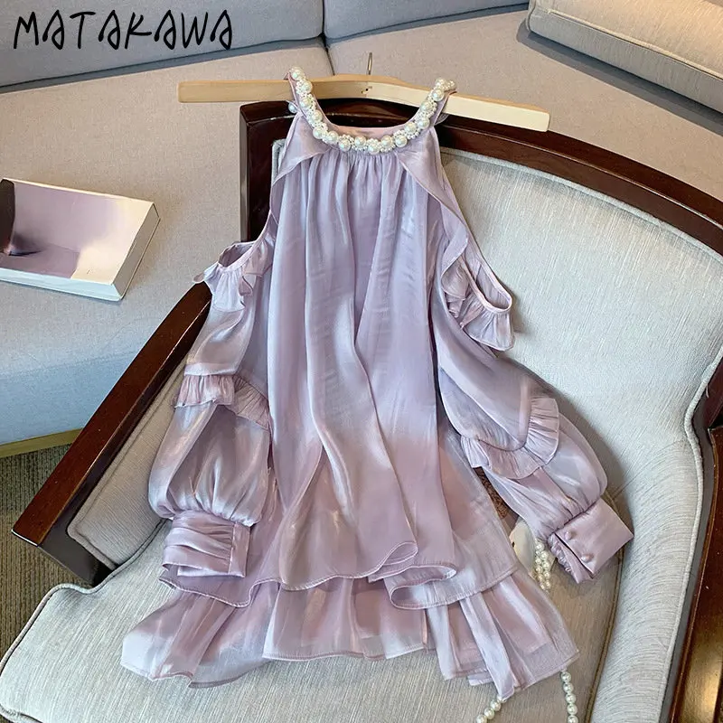 Matakawa Purple Women Dresses Solid Spring Summer Beading Korean Fashion Vestidos Mujer Halter Elegant Sweet Sexy Mini Dress