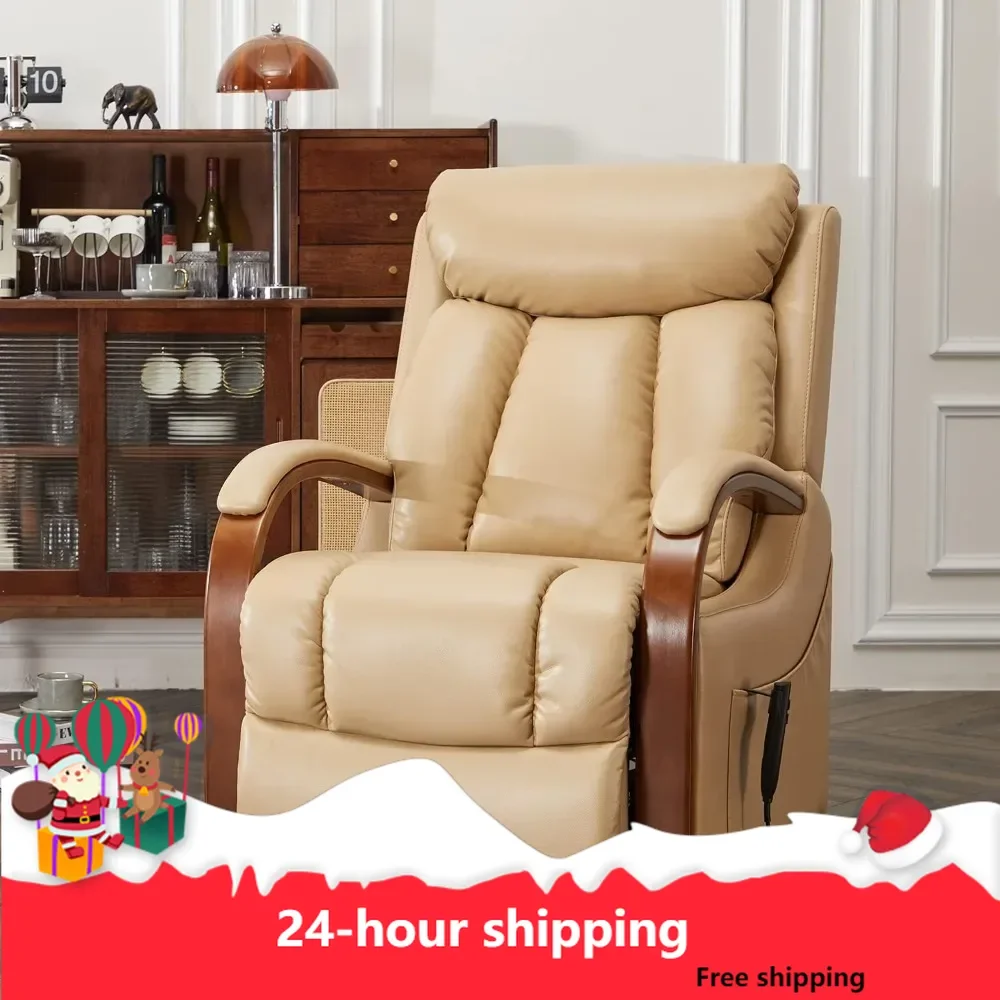 Petite Lift Chair Recliner for Elderly with Heat and Massage Dual Motor Power Sofa with Wooden Armrests and 2 Side Pockets