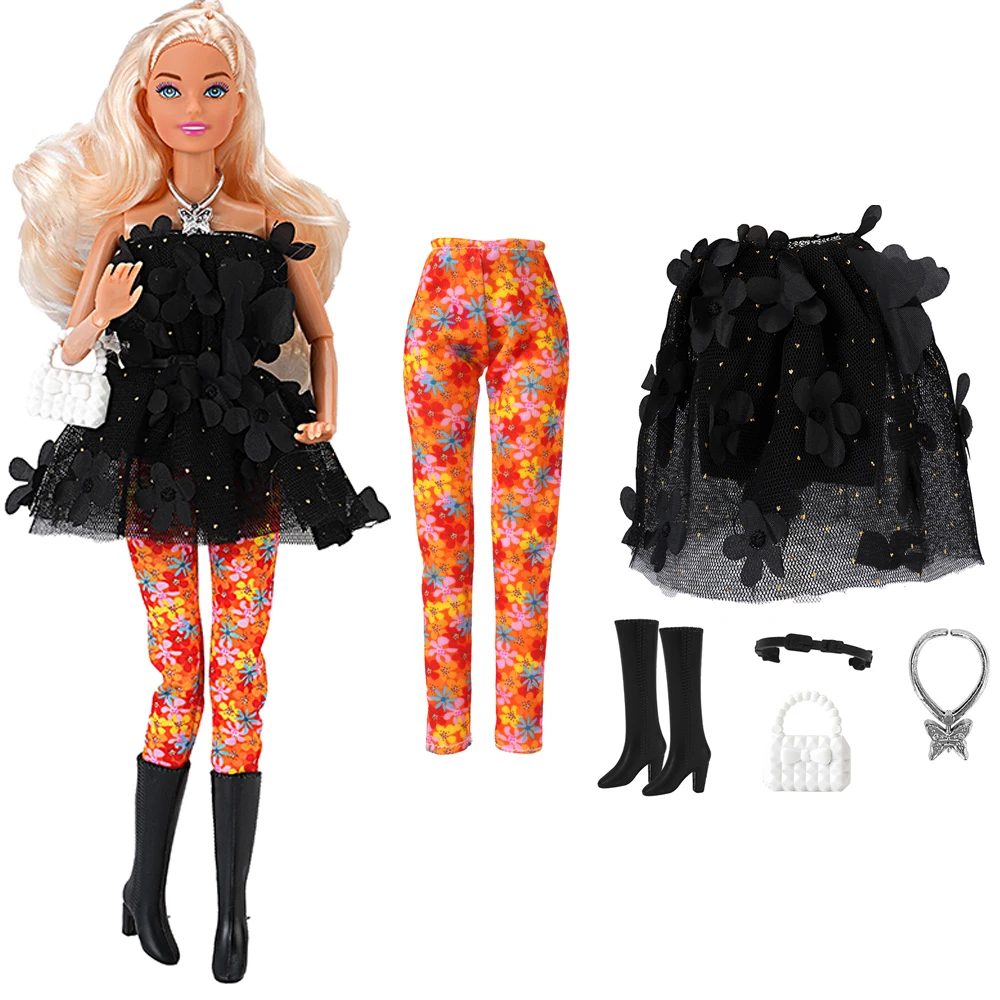 

NK 6 Pcs/Set 11.5 Inch Doll Clothes Dress: Black Floral Dress + Trousers + Necklace + Bag + Boots + Belt 1/6 Dolls Accessories