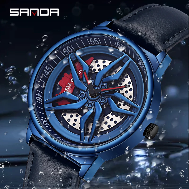 SANDA P1062 Original Leather 3D Watches Rim Watch Hub Custom Design Sports Waterproof Creative Male Clock Mens Wheel Wristwatch