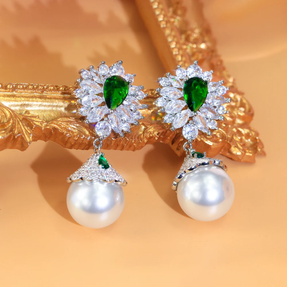 CWWZircons Top 5A Cubic Zirconia Green Water Drop Long Big Dangle Pearl Earrings for Women Luxury Wedding Bridal Jewelry CZ783