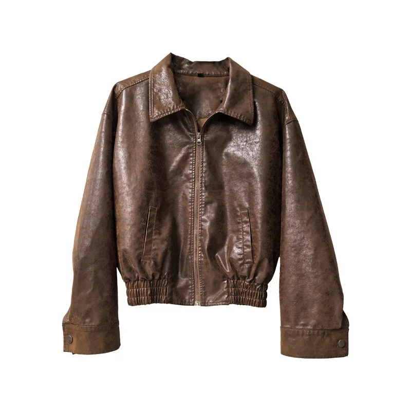 Spring Autumn American Retro PU Leather Jacket Men Women Washed Loose Trendy Motorcycle Casual Sports Chaqueta Cuero Moto