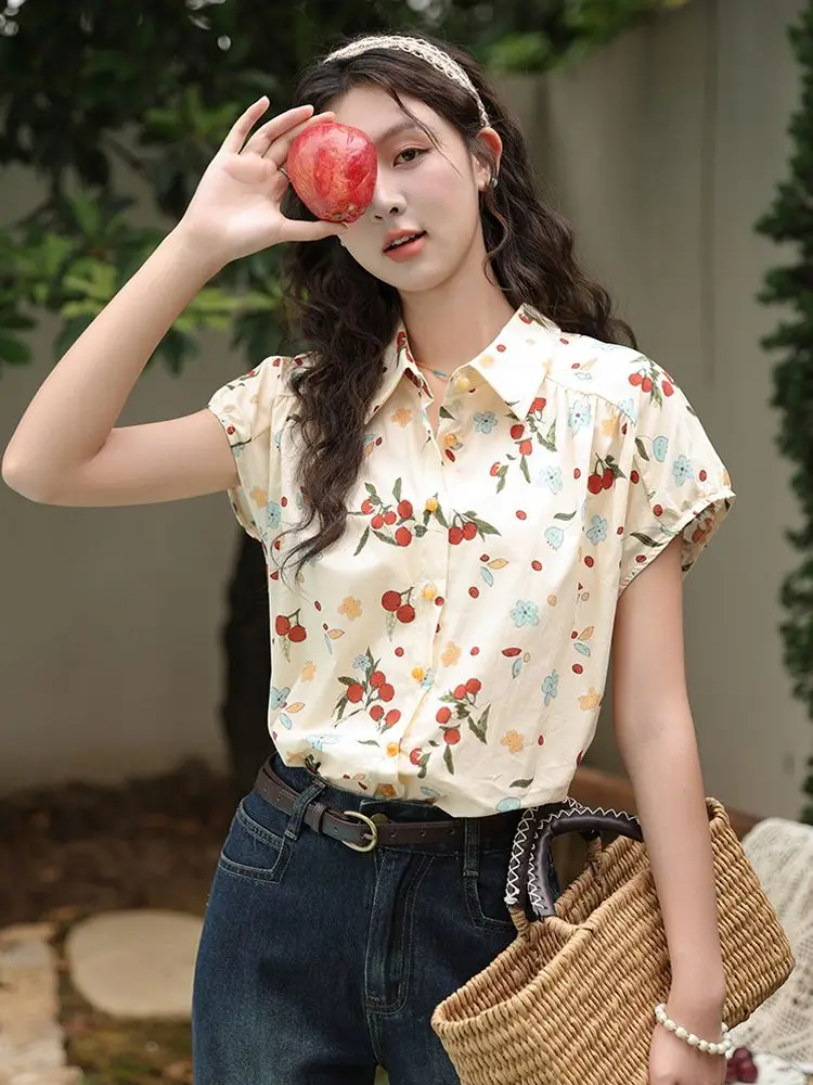 Women's 2024 Summer Style Polo Collar Retro Hong Kong Style Short sleeved Shirt New Slimming Print Top