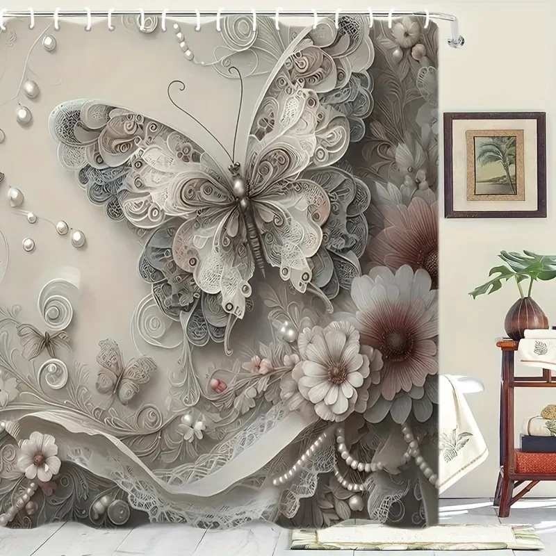3D Embossed Lace Butterfly Pearl Floral Pattern Shower Curtain Waterproof Mildew Resistant Polyester Fabric With Plastic Hooks E