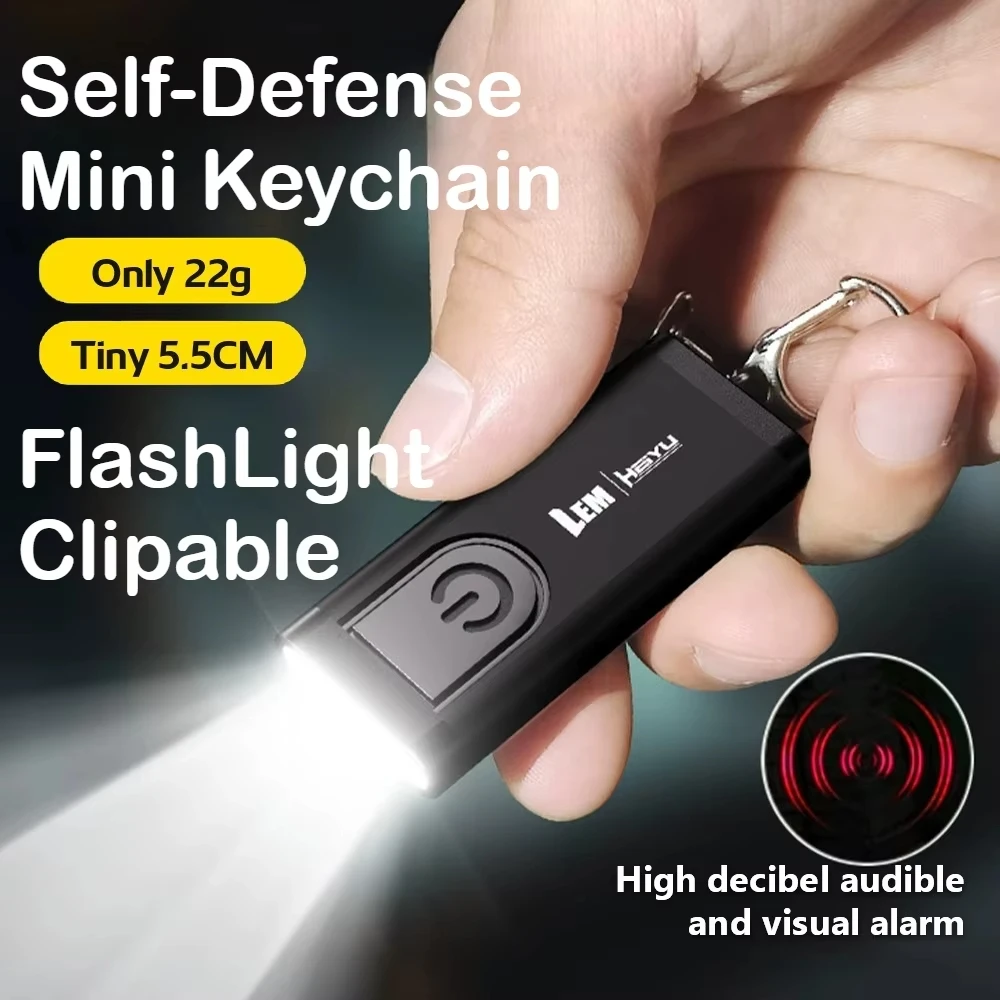 Mini Keychain Alarm Flashlight 100dB Buzzer Hook Loop Mount Multi Mode LED Light for Emergency Safety Outdoor