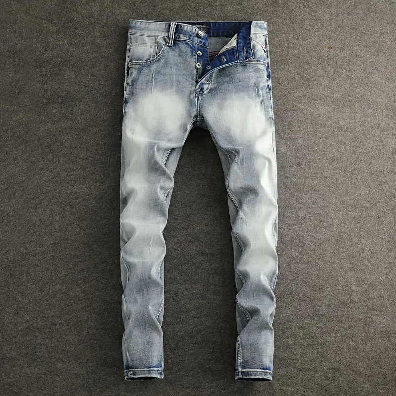 

Street Fashion Men Jeans High Quality Retro Light Blue Stretch Slim Fit Ripped Jeans Men Button Fly Vintage Designer Denim Pants