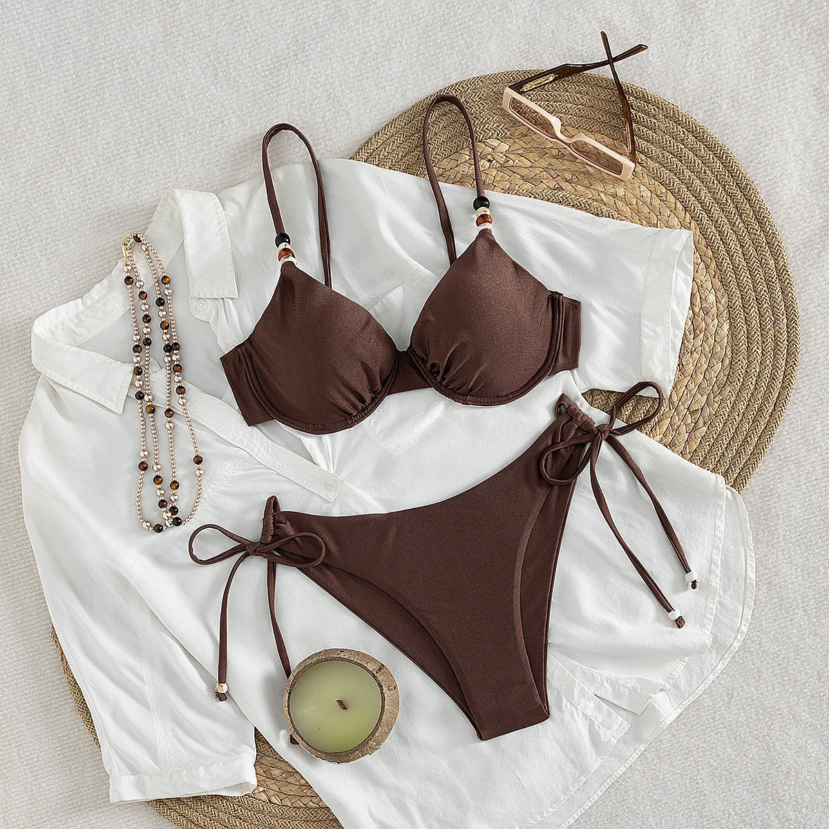 sexy coffee push up beads bikinis sets two pieces tie plain swimsuits bathing suit swimwear biquini tankini trikini