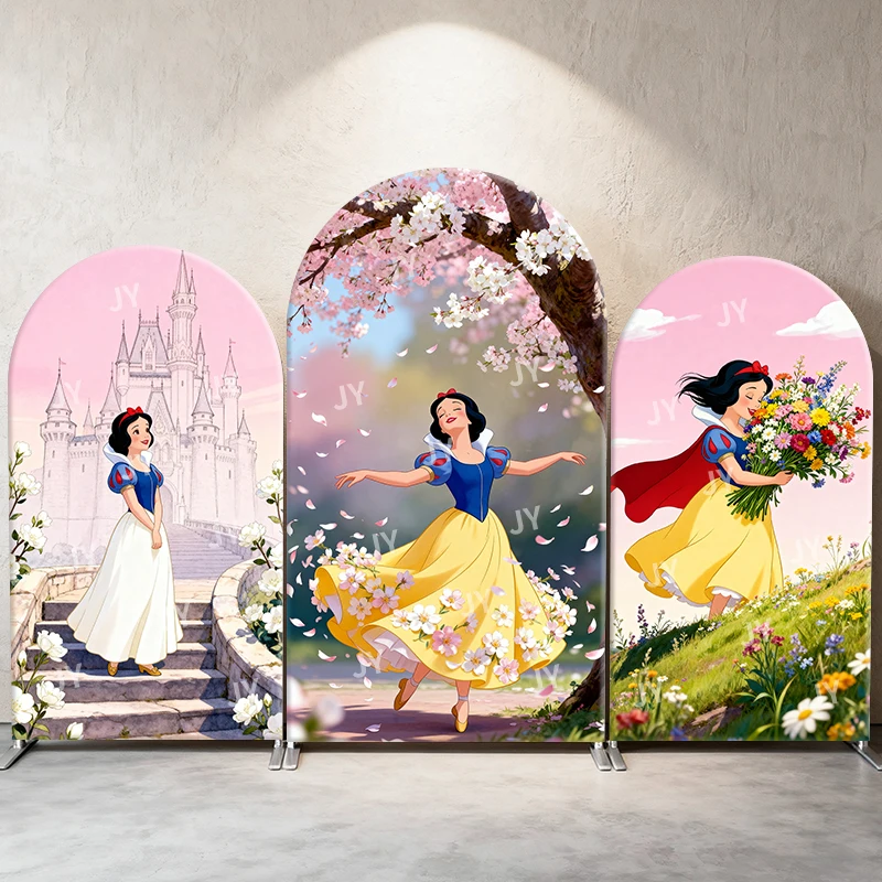 

Snow White Arch Backdrop Cover Cherry Blossom and Castle Theme Cute Cartoon Birthday and Baby Shower Photo Booth Decor