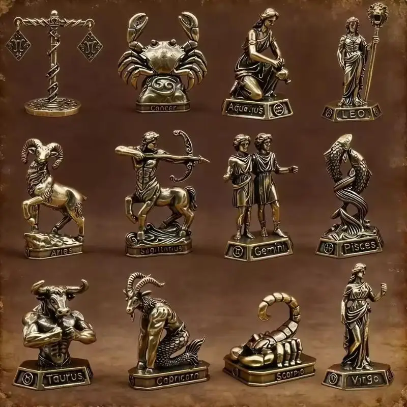 Vintage Brass 12 Constellation Figurines Fine Craftsmanship Perfect For Desk Decor Astrology Enthusiasts Gifts