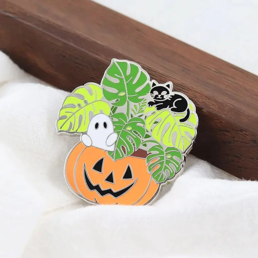 Halloween Plant Decor Enamel Pin Pumpkin Jack Spooky Monstera Plant Pot Brooch Ghost Black Cat Badge Gift Accessory
