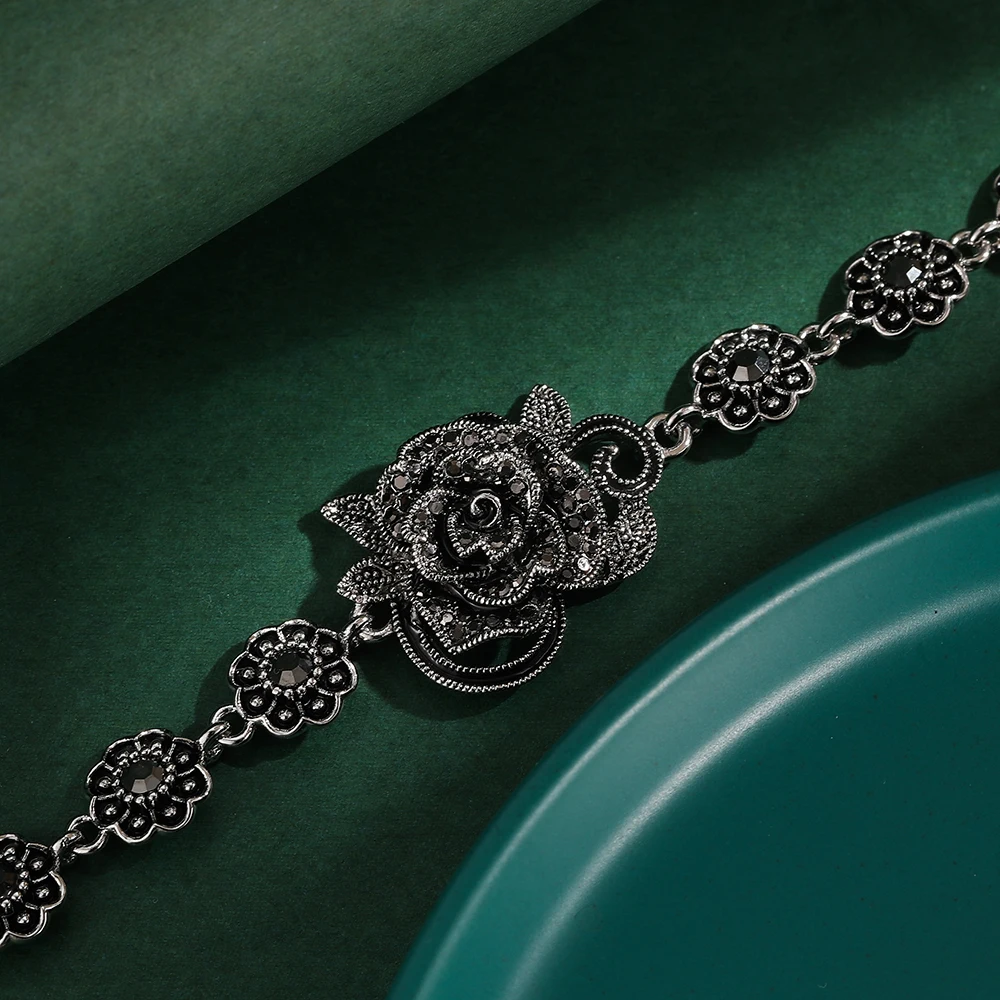 Ajojewel Black Rhinestone Rose Flower Bracelet Vintage Jewelry For Women High Quality Nice Gift 2025 New
