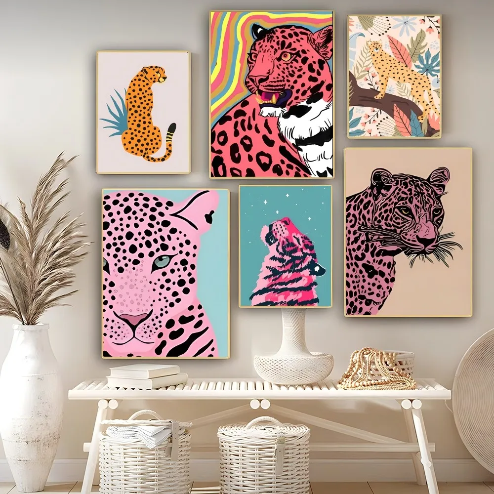 Abstract Tiger Leopard Girl Poster Self-adhesive Art Poster Retro Kraft Paper Sticker DIY Room Bar Cafe Vintage Decorative