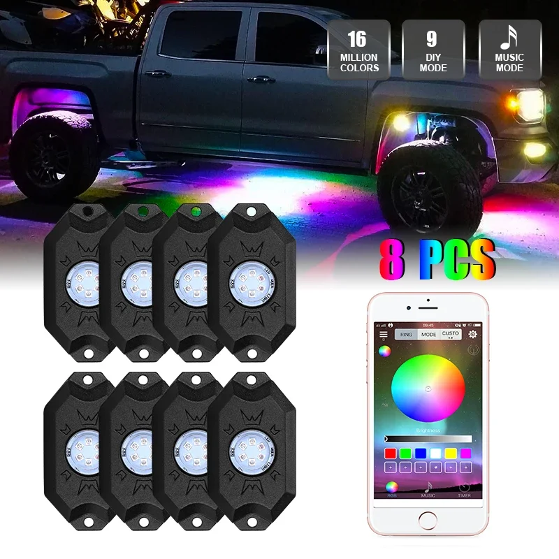 RGB LED Rock Lights Kit for Trucks Music Mode APP Remote ControlCar Underglow Neon Lighting Wheel Well Light for Truck ATV UTV