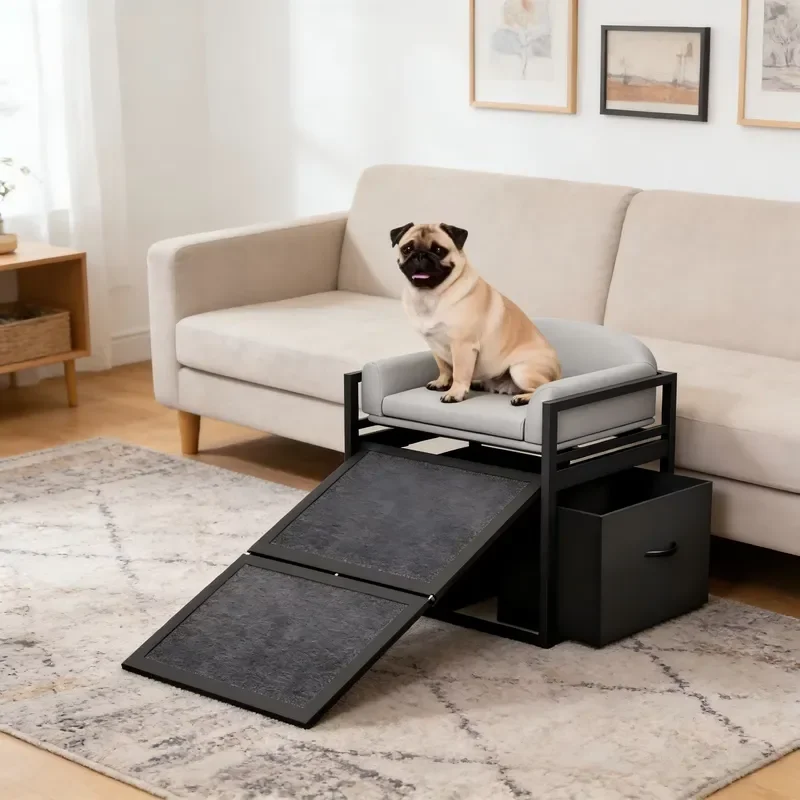 Foldable Dog Stairs with Cushioned Seat Black Metal Frame Pet Ramp for High Beds Sofa Window Sill Portable Indoor Steps
