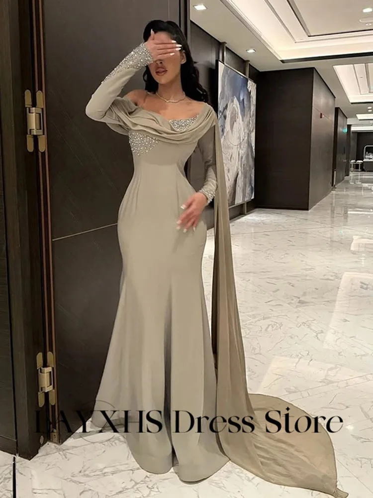 Eleganckie sukienki wieczorowe LAYXHS na jedno ramię, długi rękaw, syreni krój, koraliki, szal, plisy, formalne sukienki na studniówkę, szyte na miarę فستان سهرة ن