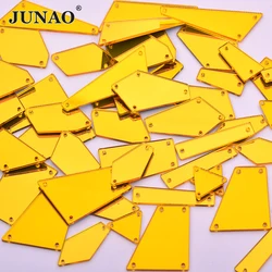 JUNAO 50Pcs Top Quality Mix Size Sew On Gold Mirror Rhinestone Applique Flatback Acrylic Diamonds For DIY Clothing Decoration