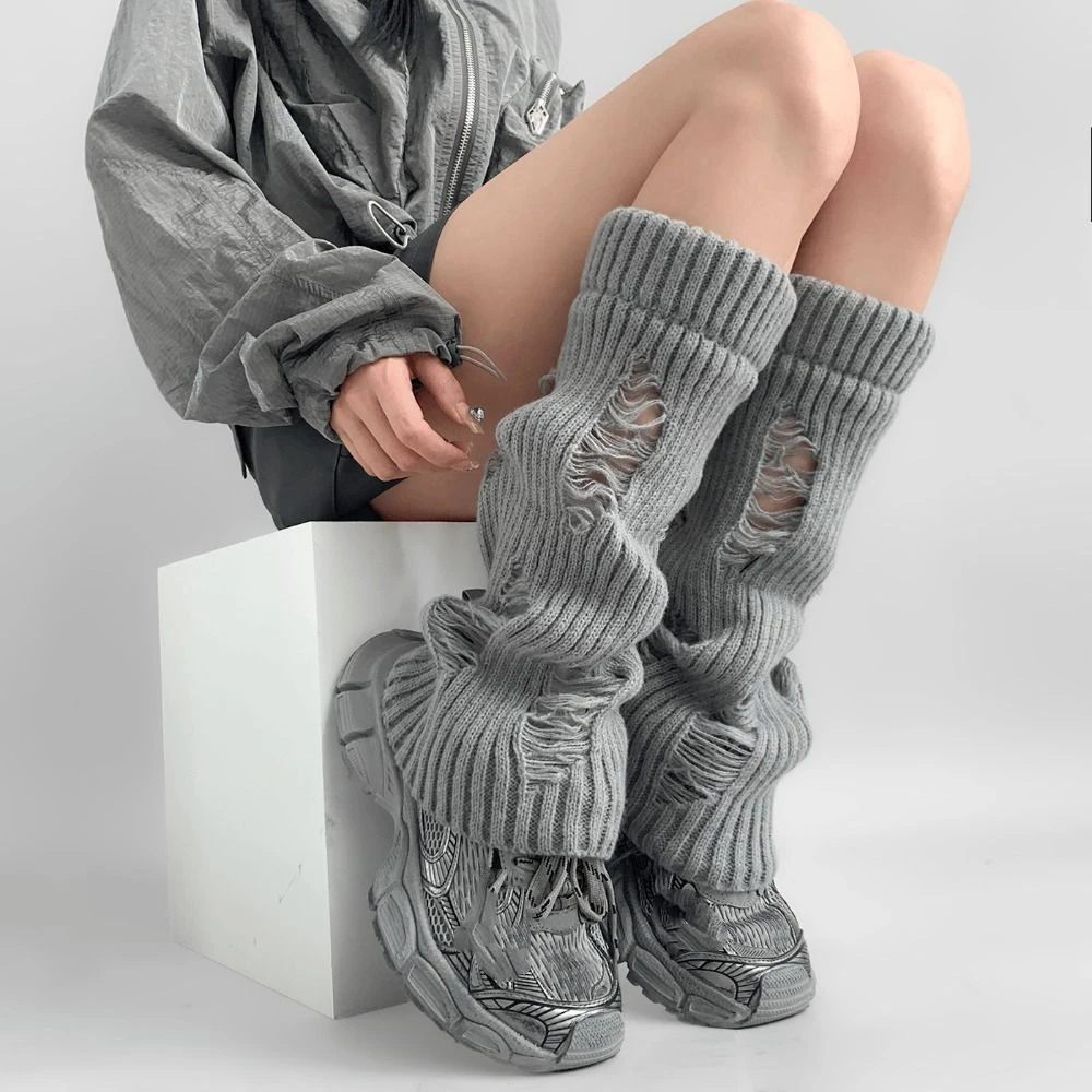 Elastic Ripped Leg Warmers Women Pile Up Subculture Mid Tube Socks Warm Stockings Knitted Broken Hole Socks Women