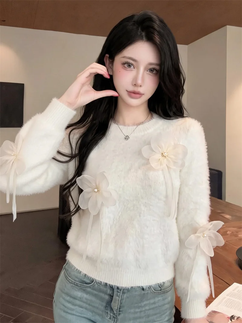 Women's Faux Mink-Fur Metal Key-Embellished O-neck Sweater Autumn Winter Solid Color Casual Loose Knitted Pullover Jumper Tops