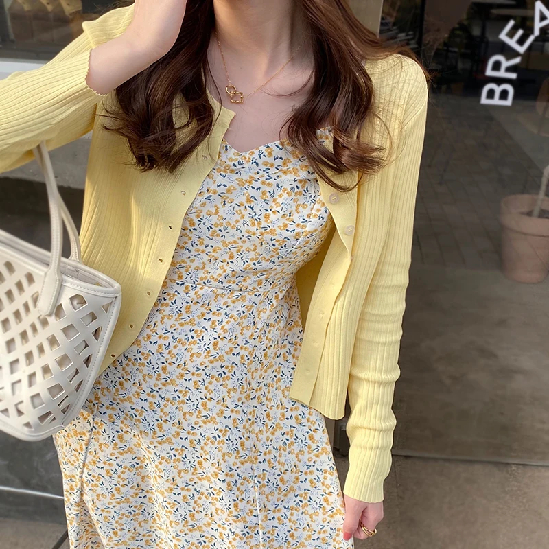 

Ice Silk Knitted Cardigan Women's Summer Thin Long Sve Cover up awl with Strap Dres Outerwear V-Ne Single Button