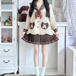 Japanese Sweet School JK Uniform Sets Women Cute Bow Sailor Collar Cartoon Deer Coat Mini Pleated Skirt Y2k Girls Lolita Outfits