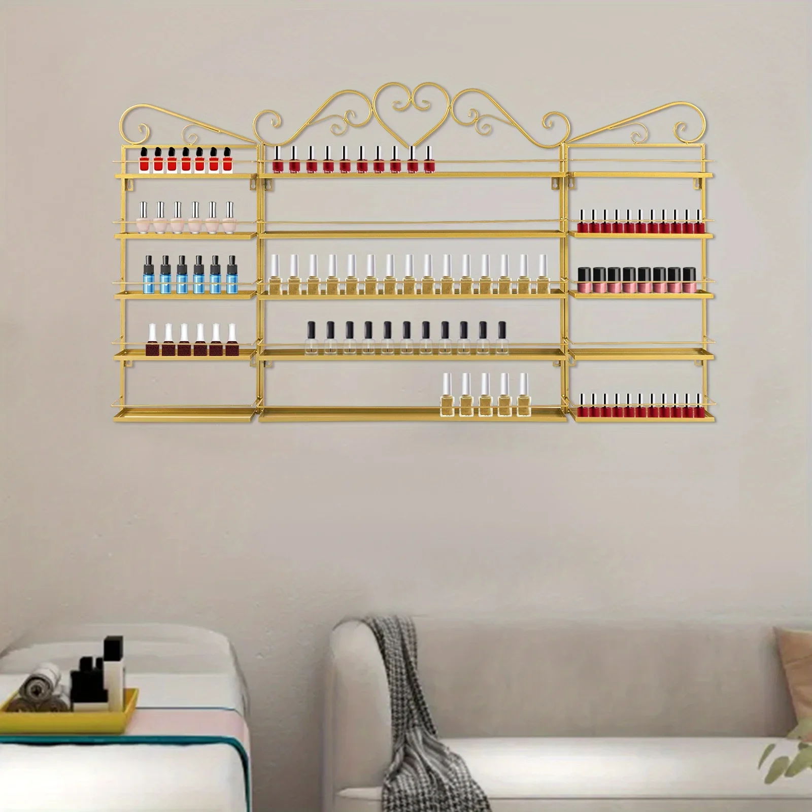 5層錬鉄製ウォールネイルアートディスプレイラック3点セット - ゴールデン、高品質、長期間使用可能