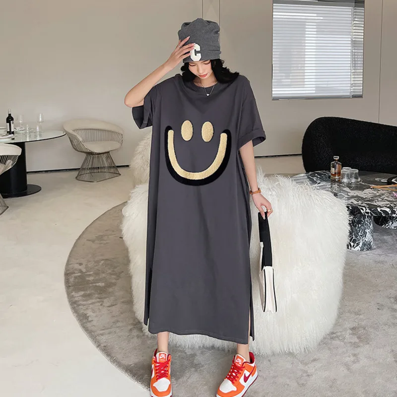 #6118 Black Gray Cartoon Printed T Shirt Dress Short Sleeve Loose Pockets Straight Ladies Dresses Ankle-length O-neck Vestidos