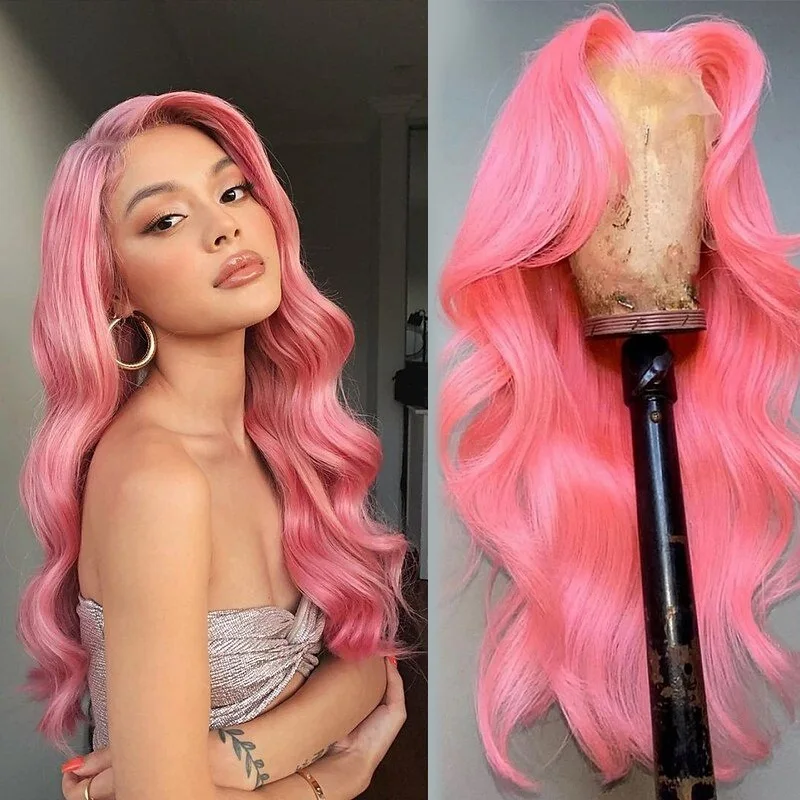 Wig rambut manusia renda depan mawar merah muda 13x6 Hd Wig Frontal renda transparan 13x4 Wig rambut manusia gelombang tubuh berwarna untuk wanita