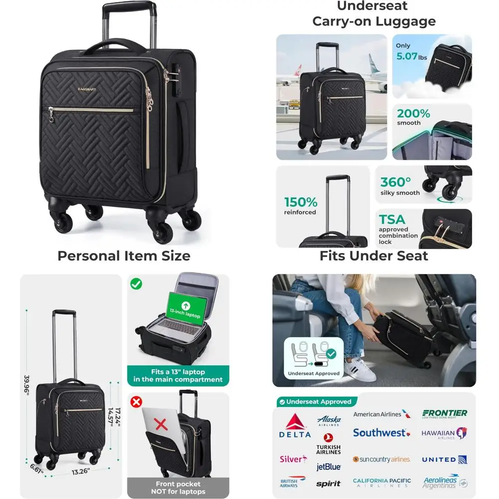 

Одобренный авиакомпанией 16-дюймовый мягкий нижний чемодан Spinner, легкий дорожный чемодан для ручной клади