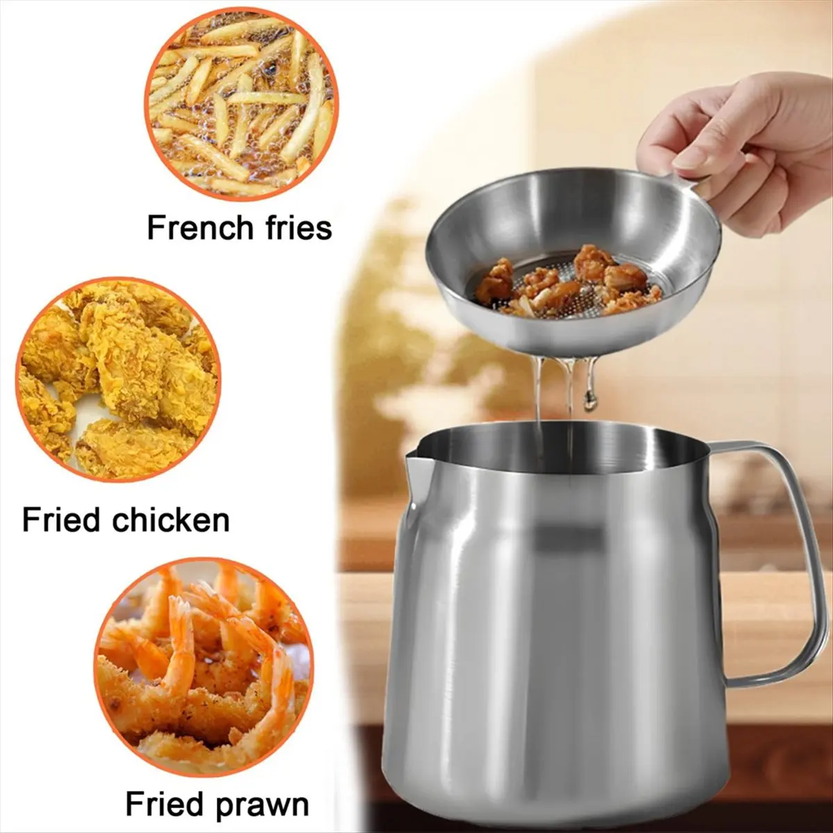 

Y69A 50oz/1.5L 304 Stainless Steel 3in1 Multifunctional Oil Strainer Pot, Deep Frying Basket, Grease Container for Kitchen