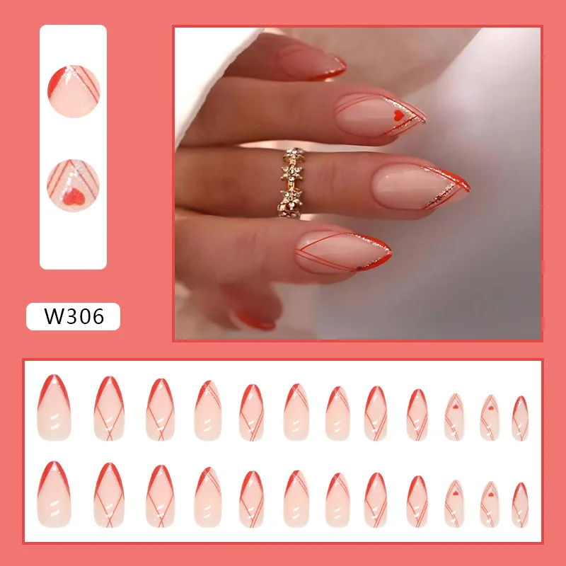 Almond Shaped Nail Tips in Orange French Style with Gold Dust Decoration Wearable Fake Nails for Trendy Girls Regular Lines Desi