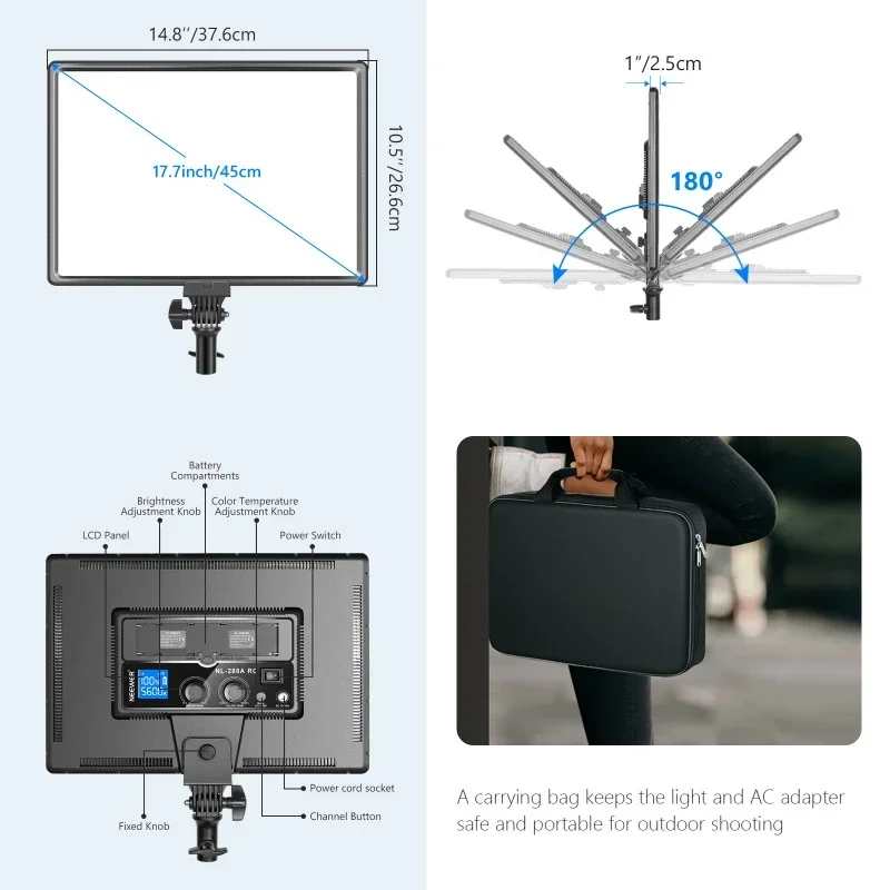 For NL288 Large LED Video Light Panel, 45W Bi-color Dimmable LED Light