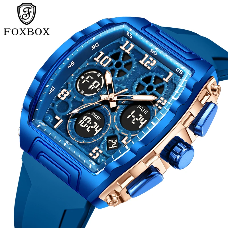 FOXBOX 2026 Men's watches Electronic Luminous military watches men Tape Waterproof Double Display Quartz sports mens wristwatch