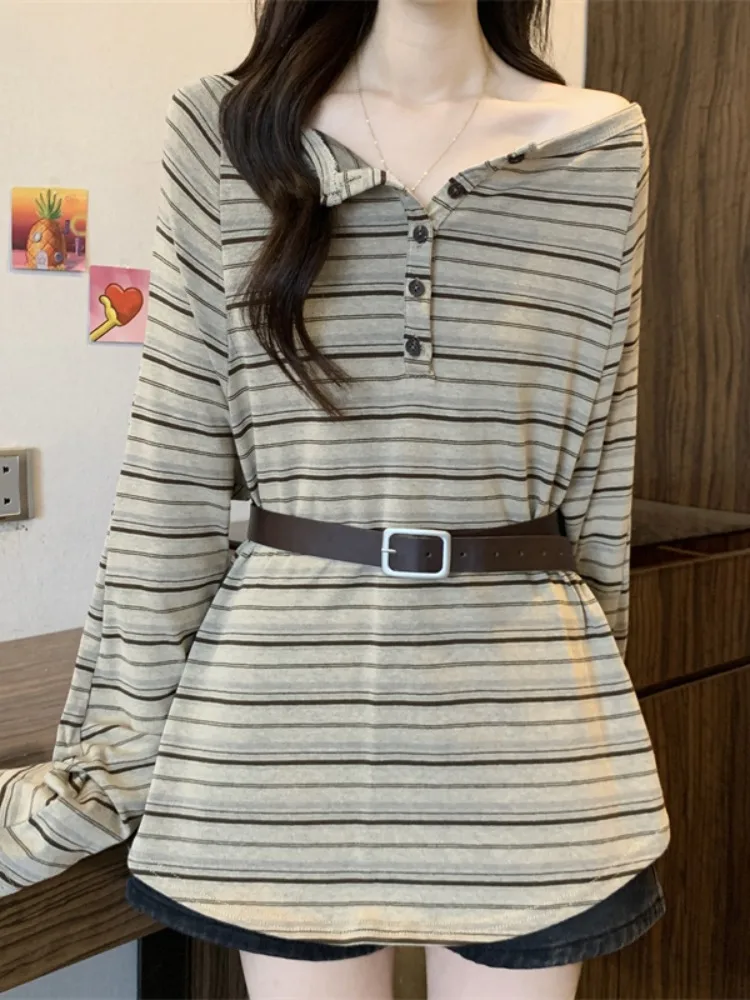 Retro Striped Off-oulder Long Sve T-irt Women's Loose Comfortable Slimming Top Early Spring New Sle Casual Cotton
