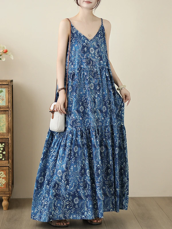 เสื้อกั๊กลายดอกไม้สไตล์เรโทรสำหรับผู้หญิง ชุดเดรสยาวทรงเอ ผ้าบางเบาใส่สบายช่วงฤดูร้อน ช่วยพรางหุ่นให้ดูเพรียวบาง แบบไม่มีแขน...