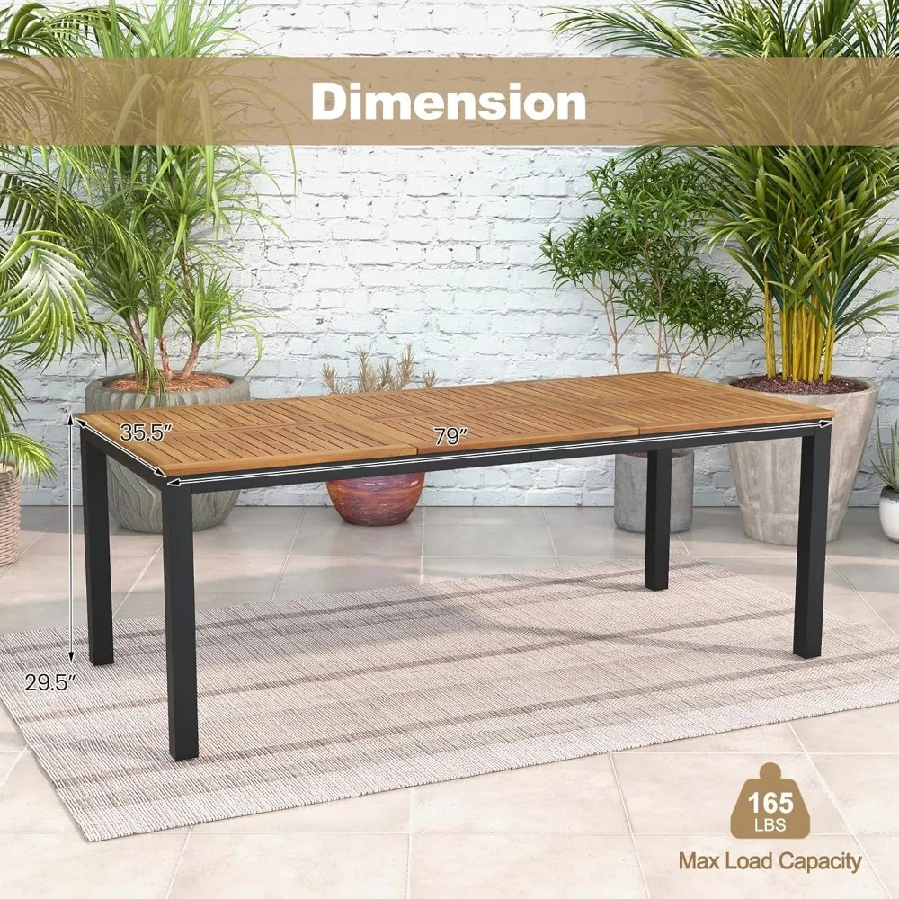 

79" Acacia Wood Outdoor Dining Table for 8, Patio Table with Umbrella Hole, Metal Legs & Adjustable Foot Pads, Customized