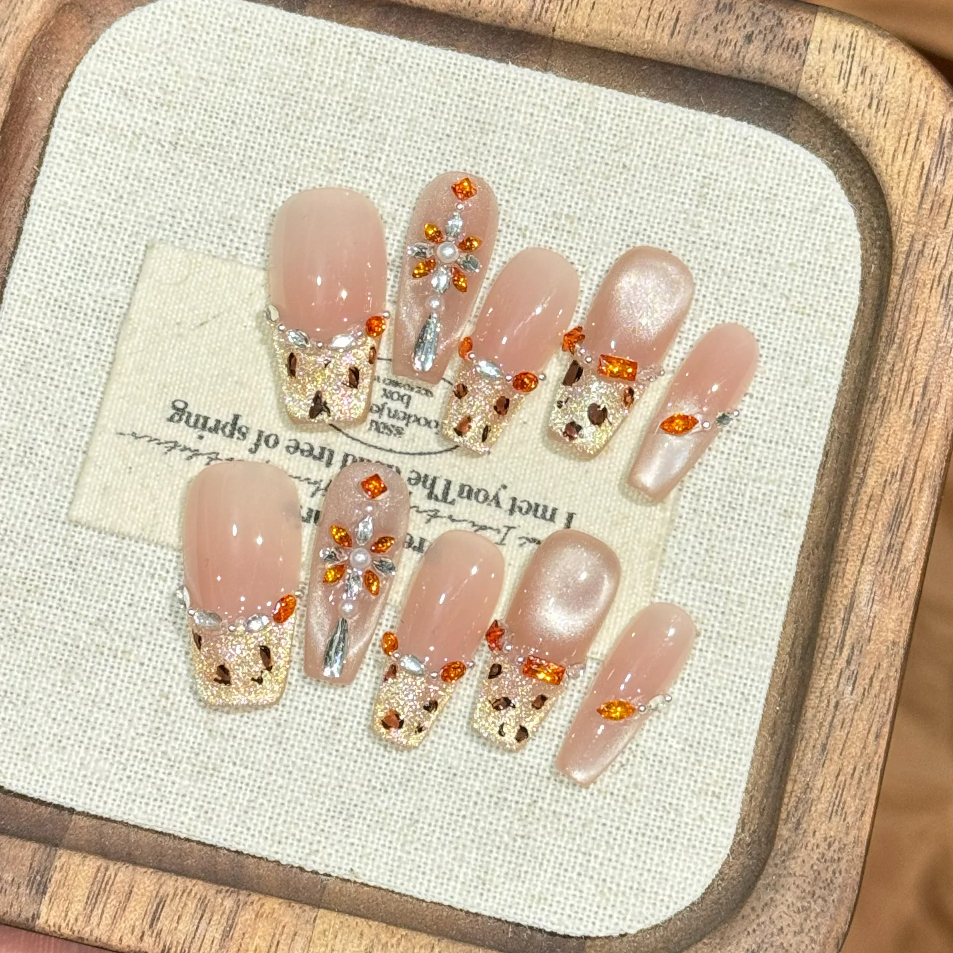 10pcs Handmade Press on Nail Amber French Leopard Print Cat Eye False Nail Middle Ladder Full Coverage Nail Tips for Women&Girl