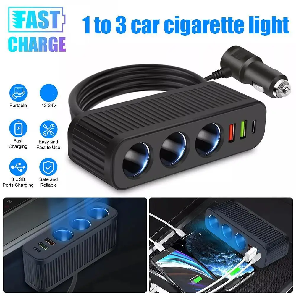 3 In 1 USB Type C Socket 120W Car Cigarette Lighter Splitter 12V 24V Phone Power Adapter For Car DVR GPS Dashcam