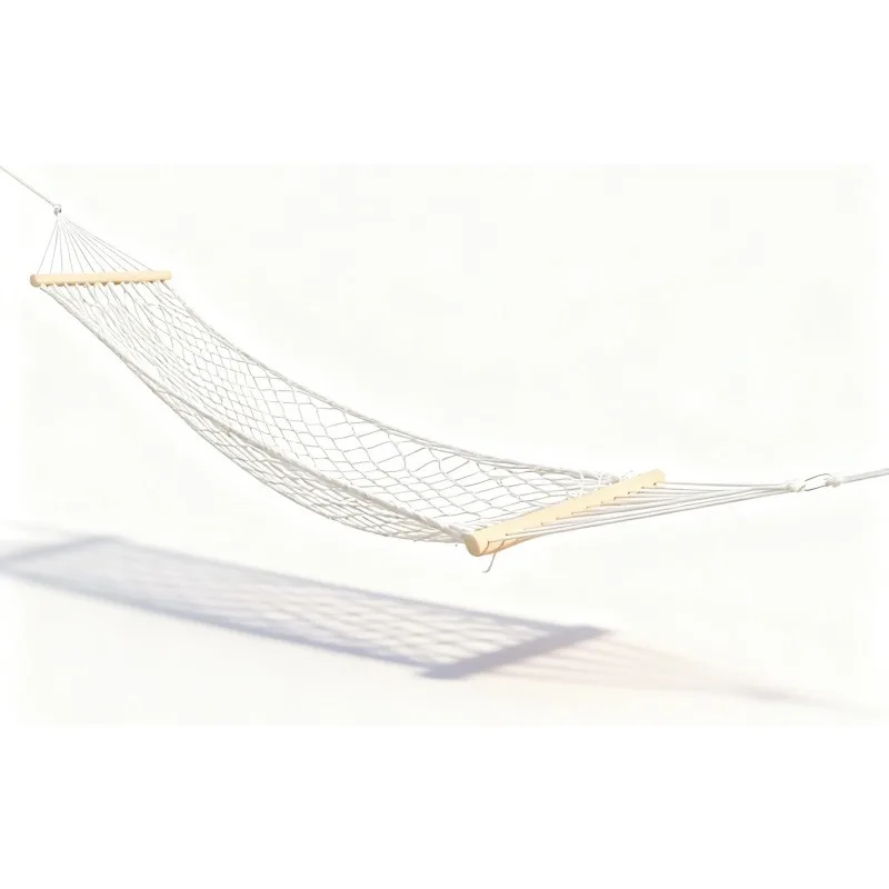 Cotton Rope Net Hammock With Solid Wood Spreader Bar Breathable Mesh Foldable Outdoor Camping Swing Bed