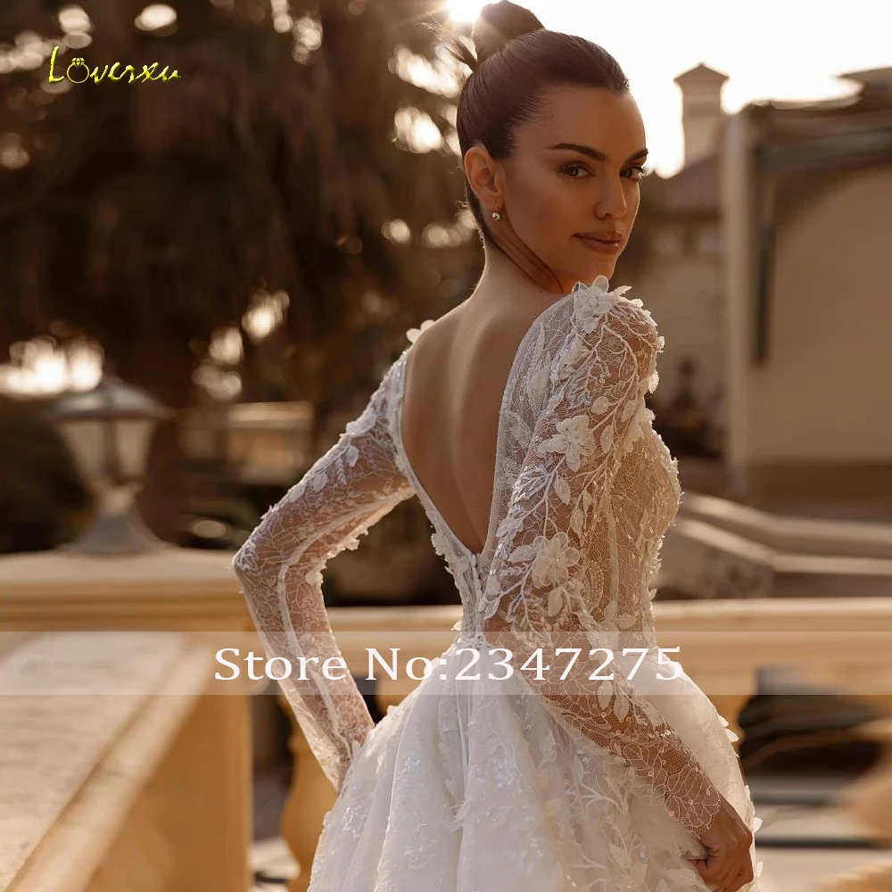 Loverxu a-line Graceful Chic abiti da sposa 2023 o-collo manica lunga Vestido De Novia pizzo ricamo splendida Robe De Mariee